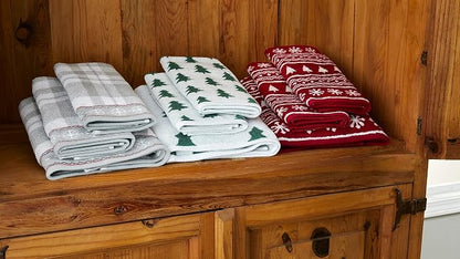 SKL Home Winter/Christmas Fair Isle Hand Towel Set-2pc, 100% Cotton, Red | 500 GSM. Soft & absorbent. Reversible jacquard pattern. Great for the bathroom, kitchen or bar & holiday gifting.
