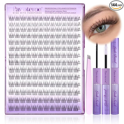 Lash Extension Kit Wispy Lash Clusters Kit 9-12mm Natural Individual Lashes Kit 168pcs Cluster Eyelash Extension Kit with Lash Bond and Seal, Lash Applicator for Self Use