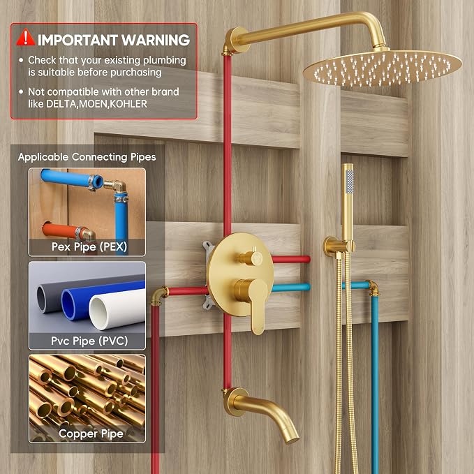 Brushed Gold Shower System with Tub Spout with 10" Rain Shower Head | All Metal Tub Shower Faucet Set with Shower Head and Handheld Spray combo, Wall Mounted Shower System with valve and Trim kit