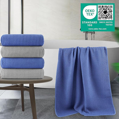 POLYTE 430 GSM Poly Blend Microfiber Quick Dry Waffle Bath Towel, 30x60 in | 4 Pack, Oversize, Lint Free, Body Towel