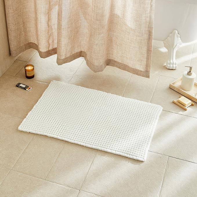 TYUU Cream White Waffle Bath Mat, Small Boho Bathroom Rugs Non Slip 24x16 | Super Absorbent Quick Dry Bath Rug, Non-Slip Backing, Soft Waffle Washable Farmhouse Bathroom Mats, Tub, Shower & Home Decor