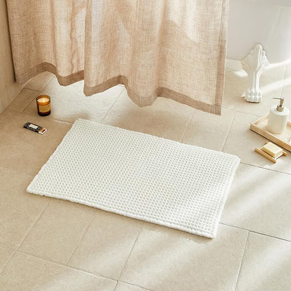 TYUU Cream White Waffle Bath Mat, Small Boho Bathroom Rugs Non Slip 24x16 | Super Absorbent Quick Dry Bath Rug, Non-Slip Backing, Soft Waffle Washable Farmhouse Bathroom Mats, Tub, Shower & Home Decor