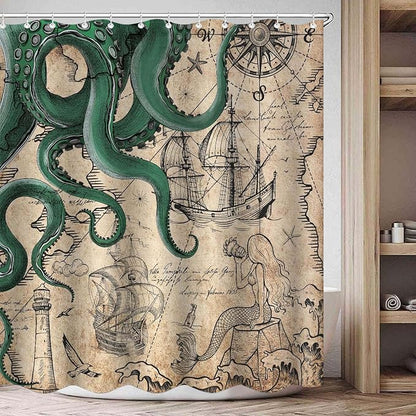 Fungarth 84 Inch Extra Long Vintage Green Nautical Octopus Shower Curtain Mermaid Funny Ocean Kraken Shower Curtains for Bathroom Cool Coastal Map Waterproof Fabric Bath Curtain (Retro2, 72” x 84”)