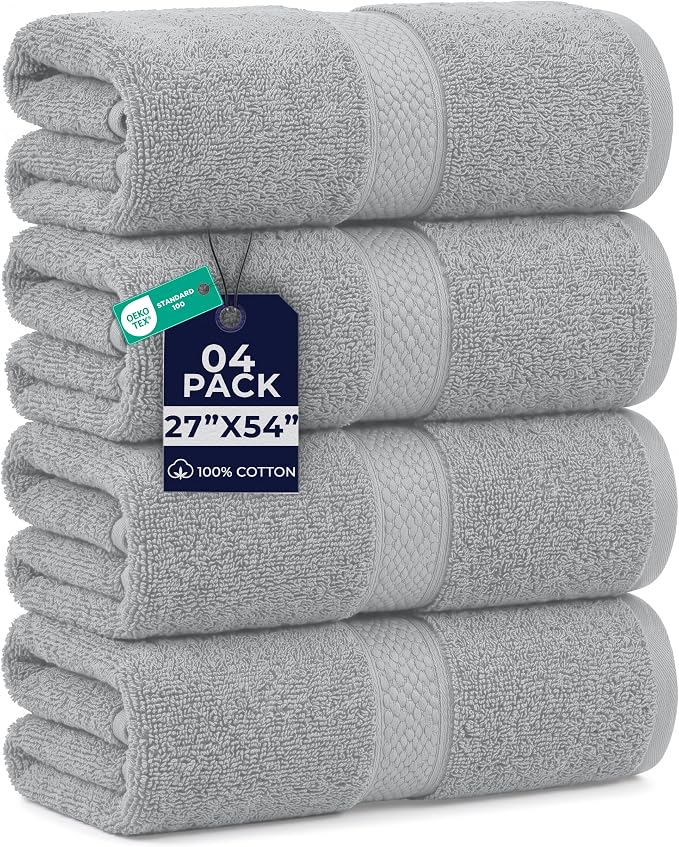 DAN RIVER 600 GSM Cotton Large Bath Towels Set of 4, 27 x 54 Inches, Silver | Larger & Lighter Weight Towels for Bathroom - Highly Absorbent & Quick Dry 100% Cotton Bath Towel Set for Home, Spa & Hotel
