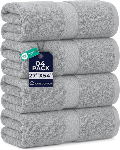 DAN RIVER 600 GSM Cotton Large Bath Towels Set of 4, 27 x 54 Inches, Silver | Larger & Lighter Weight Towels for Bathroom - Highly Absorbent & Quick Dry 100% Cotton Bath Towel Set for Home, Spa & Hotel