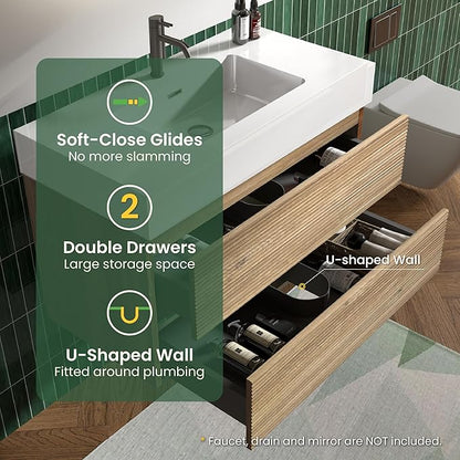 36 Inch Floating Bathroom Vanity with Sink, Modern Floating Bathroom Cabinet with 2 Soft-Closing Drawers, Large Storage for Powder Room, Apartment, Hotel, Rough Oak Finish, Fir Collection