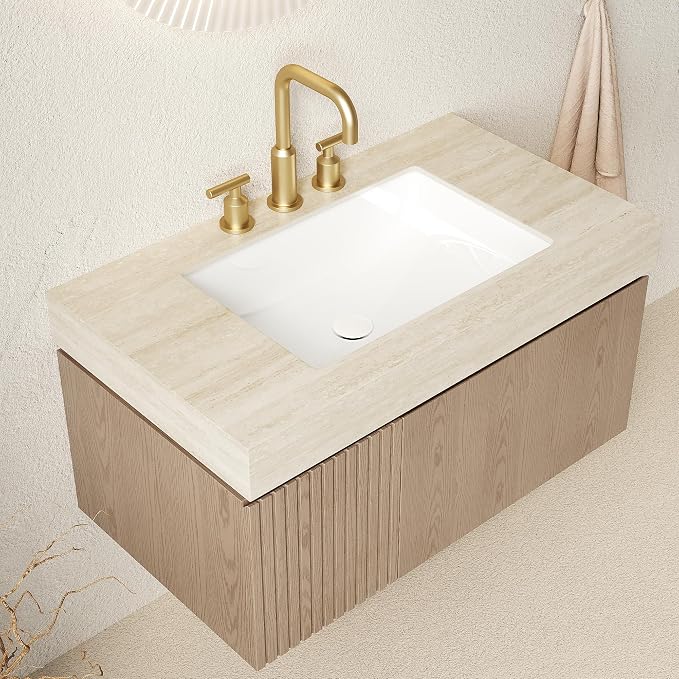 KEIKI 36 Inch Floating Bathroom Vanity with Sink, Light Brown & Beige | Modern Wall Mounted Storage Cabinet w/ Drawer & Door, Pre-assembled Wood Panels, Sintered Stone Top & Ceramic Basin Combo Set