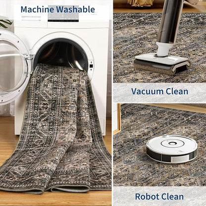 Washable Floral 2x6 Kitchen Rugs, Vintage Distressed Print Non Slip Hallway Runner, Retro Accent Ultra Thin Low Pile Throw Carpet for Entryway Bedroom Laundry Bathroom, Yellow Taupe