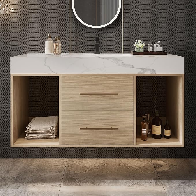 KEIKI 39.4" Bathroom Vanity with Undermount Sink Combo, Modern Floating Vanity Cabinet with 2 Drawers & Open Side Shelves, Storage Wall Mounted Cabinet for Small Space, Apricot‌