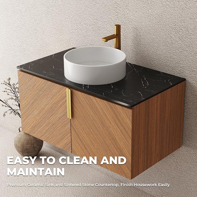 LKTART 36 Inch Bathroom Vanity with Sink, Modern Wall Mounted Bathroom Sink with 2 Doors, Black Sintered Stone Countertop and White Round Ceramic Basin