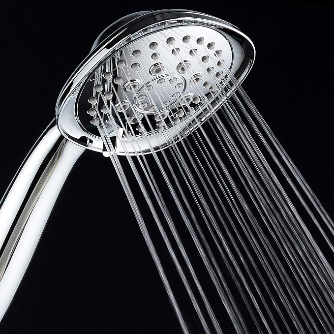 Luxury Square 6-setting High-Pressure Hand Shower. Extra-Long 72" Stainless Steel Hose, Bracket, Solid Brass Fittings, All-Chrome Finish. Premium Handheld Shower Head from Top American Manufacturer!