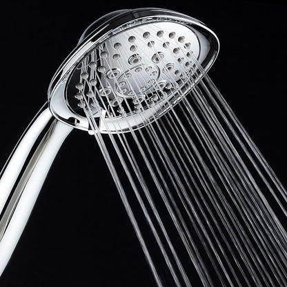 Luxury Square 6-setting High-Pressure Hand Shower. Extra-Long 72" Stainless Steel Hose, Bracket, Solid Brass Fittings, All-Chrome Finish. Premium Handheld Shower Head from Top American Manufacturer!