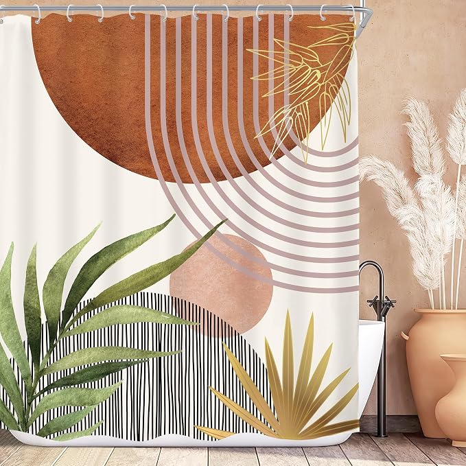 Mid Century Green Boho Abstract Modern Brown Bathroom Shower Curtain Set | 60Wx72L Plant Botanical design, waterproof HD print with fast-drying fabric and 12 hooks.