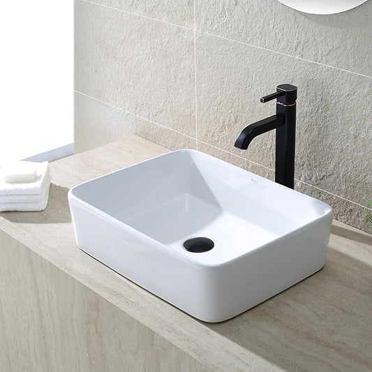 Kraus KCV-121-ORB White Rectangular Ceramic Sink with Pop Up Drain, Oil Rubbed Bronze