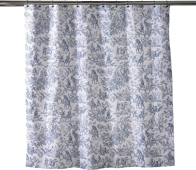 Maison d' Hermine Shower Curtain 100% Cotton One Panel 70"x72" Washable Fabric Shower Curtains for Bathroom, Easy Hanging with 12 Button Holes - Home Hotel Spa Easter Gifts (The Miller - Blue)