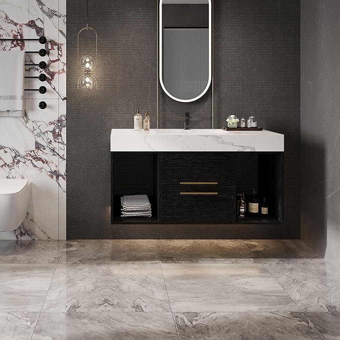 40 inch Modern Floating Bathroom Vanity with Sink, Wall Mounted Bathroom Cabinet with Ceramic Sink, Sintered Stone Countertop, 2 Soft Closing Drawers & Open Storage Shelf, Black
