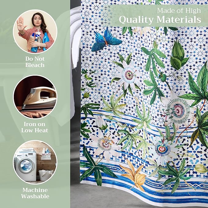 Maison d' Hermine Shower Curtain 100% Cotton One Panel 70"x72" Washable Fabric Shower Curtains for Bathroom, Easy Hanging with 12 Button Holes - Home Hotel Spa Easter Gifts (Passiflora)