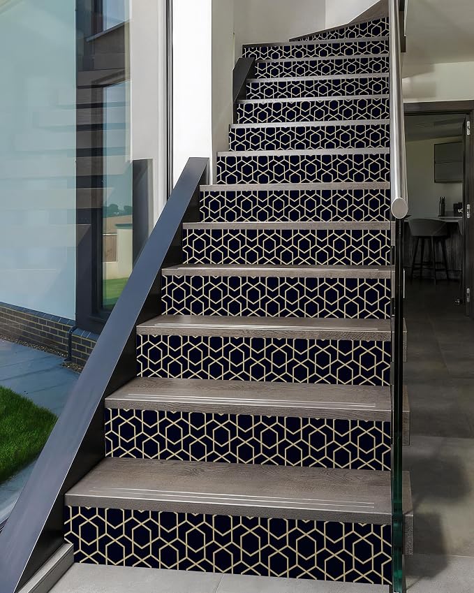 FLFK Rhombic Black and Gold Texture Stair Stickers - Set of 15, Peel and Stick Stair Riser Decals, 39.3"x7.08"