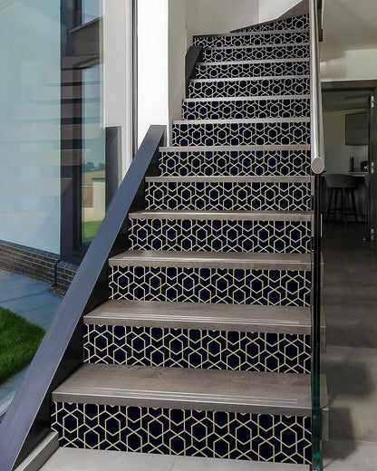 FLFK Rhombic Black and Gold Texture Stair Stickers - Set of 15, Peel and Stick Stair Riser Decals, 39.3"x7.08"