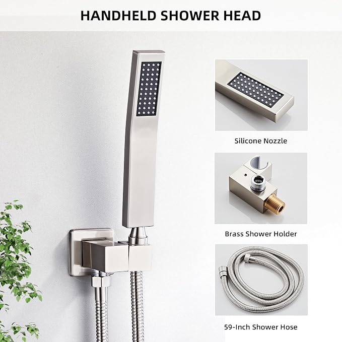 Shower Faucet Set with Tub Spout, Brushed Nickel Rainfall Shower System Complete Wall Mounted for Bathroom with 12 Inch Square Shower Head and Handheld Shower Head Rain Mixer Combo Set