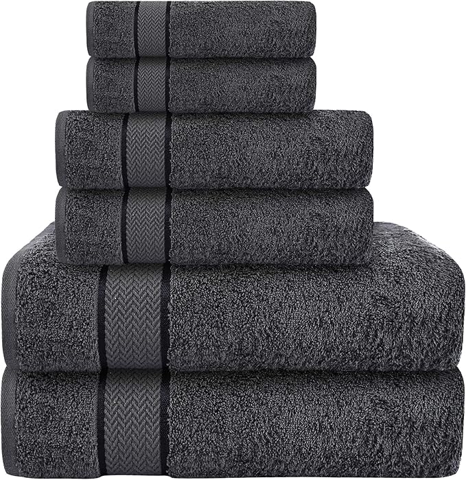 6 Piece 100% Cotton Bath Towel Set - 2 Bath - 2 Hand - 2 Face, Dark Grey | 100% Cotton • Thick & Plush • Hotel Quality • Ultra Soft • Highly Absorbent • Quick Dry • Low Lint • Machine Washable