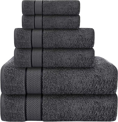 6 Piece 100% Cotton Bath Towel Set - 2 Bath - 2 Hand - 2 Face, Dark Grey | 100% Cotton • Thick & Plush • Hotel Quality • Ultra Soft • Highly Absorbent • Quick Dry • Low Lint • Machine Washable