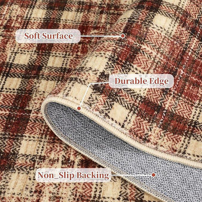 Tartan Plaid Round Area Rugs 4ft, Washable Non-Slip Soft Small Round Rug 4x4 Ultra-Thin Circle Low Pile Stain Resistant Carpet for Bedroom Entryway Kitchen Laundry Bathroom, Red
