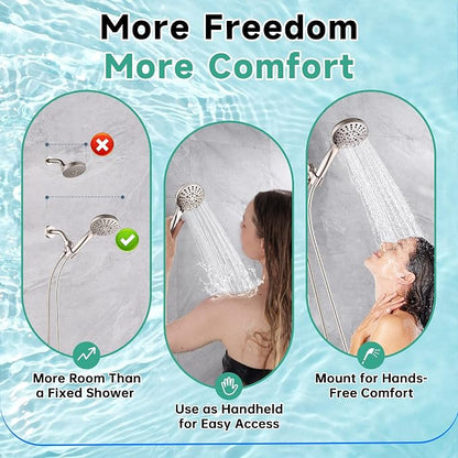 BRIGHT SHOWERS High Pressure Shower Head with Handheld, 9 Spray Settings Showerhead Built in Power Wash to Clean Tub and Pets, Extra Long 69" Hose, Adjustable Bracket, Brushed Nickel
