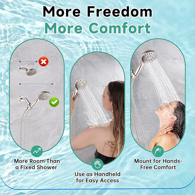 BRIGHT SHOWERS High Pressure Shower Head with Handheld, 9 Spray Settings Showerhead Built in Power Wash to Clean Tub and Pets, Extra Long 69" Hose, Adjustable Bracket, Brushed Nickel