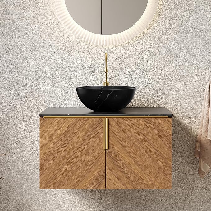30" Floating Bathroom Vanity with Sink Combo, Modern Vanity with Vessel Sink, Wall-Mounted Plywood Bathroom Vanity Cabinet with Doors, Black Countertop and Round Basin,Brown Oak