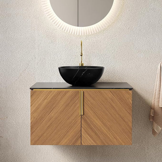 30" Floating Bathroom Vanity with Sink Combo, Modern Vanity with Vessel Sink, Wall-Mounted Plywood Bathroom Vanity Cabinet with Doors, Black Countertop and Round Basin,Brown Oak