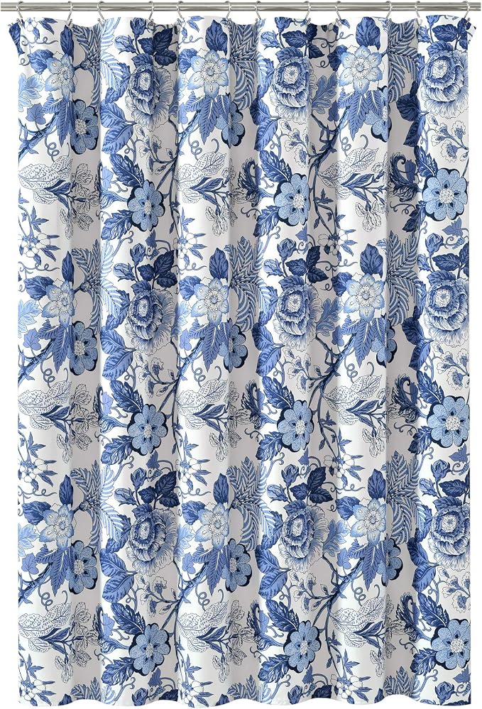 Lush Decor Sydney Floral Shower Curtain, 72" W x 72" L, Navy & White - Fabric Shower Curtains - Cottage Core Decor - Colorful Floral Print - Cute Bathroom Curtain