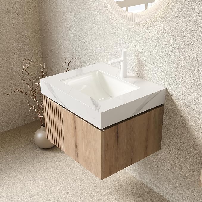 KEIKI 24 Inch Floating Bathroom Vanity with Sink, White Oak & White | Modern Wall Mounted Storage Cabinet with 2 Doors, Pre-assembled Wood Panels, Sintered Stone Top & Ceramic Basin Combo Set