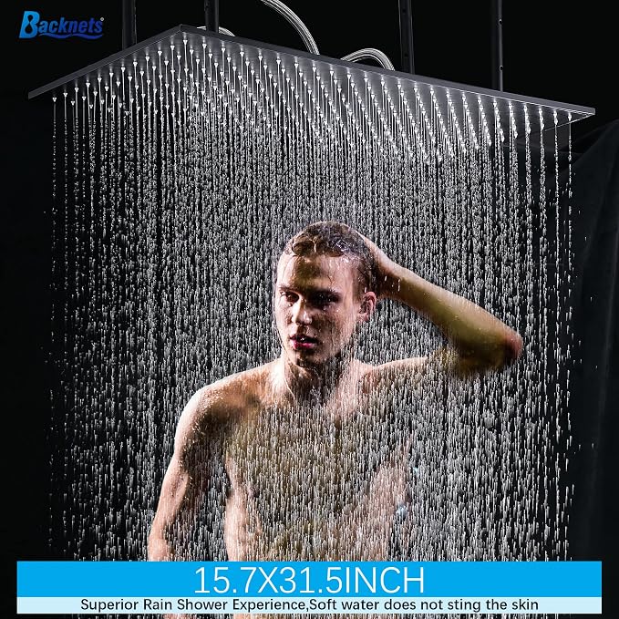 Matte Black Shower System 16 Inches Ceiling Mount Full Body Shower Faucet Set Brass Thermostatic Massage Shower with On/Off Body Jets and Handheld Can Run All At Once