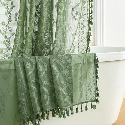 WAZZIO Dark Sage Green Lace Shower Curtain for Bathroom 72" W x 72" L, Victorian Farmhouse Floral Pattern Tassel Fancy Shower Curtain Boho Washable Cloth Decorative Bath Curtains,1 Panel