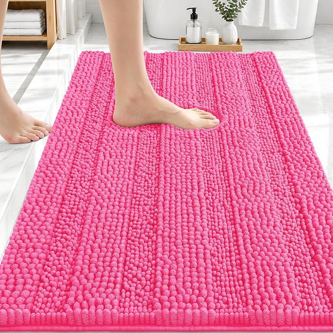 OLANLY Thick Bathroom Rugs 30x20, Soft Chenille Striped Bath Rugs, Hot Pink | Rubber Backing, Machine Wash, Extra Absorbent Bath Mats for Bathroom Floor, Tub and Shower, Home Decor Accessories