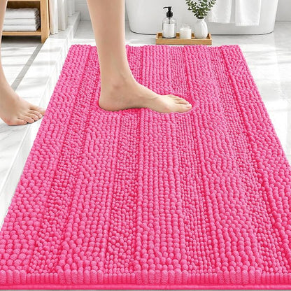OLANLY Thick Bathroom Rugs 30x20, Soft Chenille Striped Bath Rugs, Hot Pink | Rubber Backing, Machine Wash, Extra Absorbent Bath Mats for Bathroom Floor, Tub and Shower, Home Decor Accessories