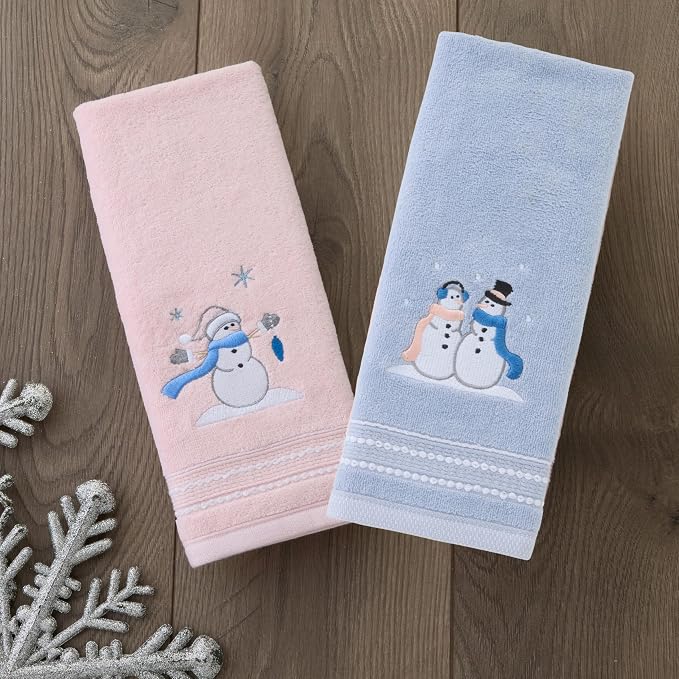 SKL Home Christmas/Winter Glitz Snow Couple Hand Towel Set-2pc, Light Blue | 100% Cotton. Soft, decorative velour with embroidery. For use in the bathroom, kitchen or bar & holiday gifting.