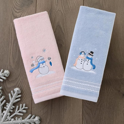 SKL Home Christmas/Winter Glam Snowman 100% Cotton Embroidered 2pc Hand Towel Set, Decorative for Bath/Kitchen/Bar, Pink