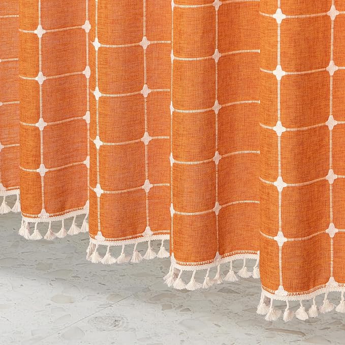 MitoVilla Boho Small Stall Shower Curtain 36 x 72, Orange Narrow Polyester Linen Fabric Shower Curtains for Farmhouse Bathroom Decor, Half Size Cloth Shower Curtain Set with Hooks