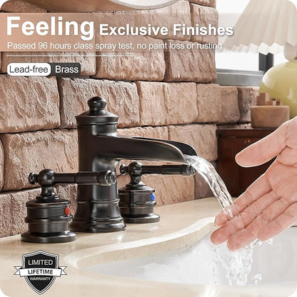 Oil Rubbed Bronze Bathroom Faucet, Brass Waterfall Faucet Widespread Bathroom Sink Faucet 3 Hole, 4-16 Inch Bathroom Faucets with Pop Up Drain 2 Handle & Supply Hose for Hotel Farmhouse Antique