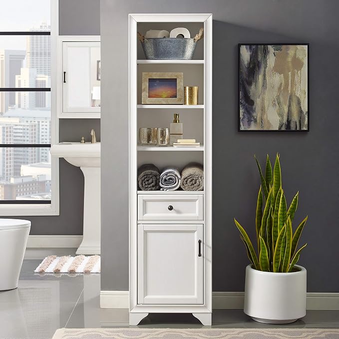 Crosley Furniture Tara Linen Storage Cabinet and Bathroom Organizer with a Drawer and Shelves, Vintage White