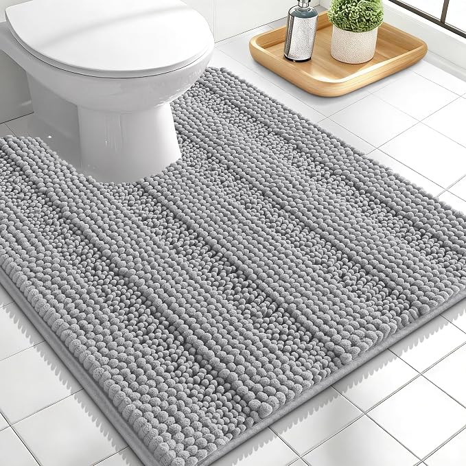 OLANLY Thick Toilet Rugs U-Shaped 24x20, Soft Chenille Bath Mat, Light Grey | Extra Absorbent Striped Contour Bathroom Rugs for Toilet, Dry Quickly, Machine Washable, Non-Slip