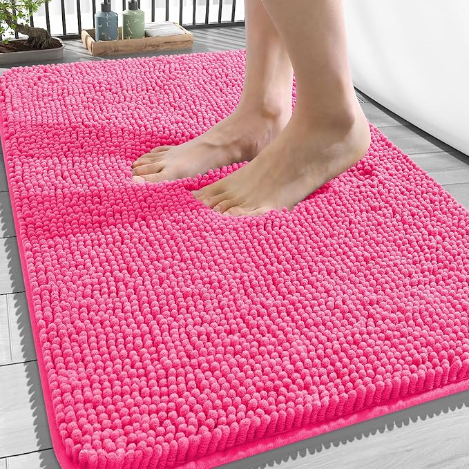 OLANLY Bathroom Rugs 34x21, Extra Soft Absorbent Chenille Bath Rugs | Hot Pink, Quick-Drying Rubber Backing, Machine Washable Bath Mat for Bathroom Floor, Tub and Shower, Home Decor Accessories