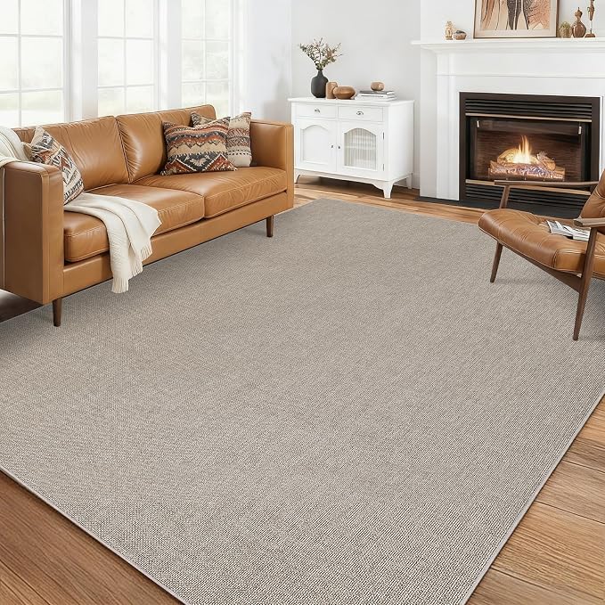 Garvee Large Washable Rug 9x12 Modern Solid Rugs for Living Room Taupe | Non Slip Woven Textured Bedroom Rug Ultra-Thin Non-Shedding Farmhouse Carpet Neutral Foldable Throw Rugs for Bedroom Office