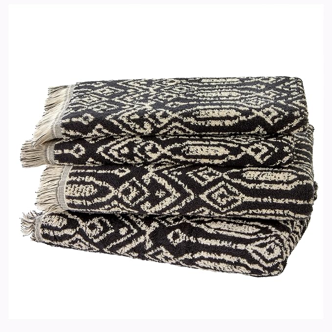 SKL Home Nador Bath Towel Set-4pc, Premium 100% Cotton, Black | 2 Bath towels, 2 hand towels. 600 GSM. Spa-level quality. Soft & absorbent. Reversible jacquard pattern with fringed hem.