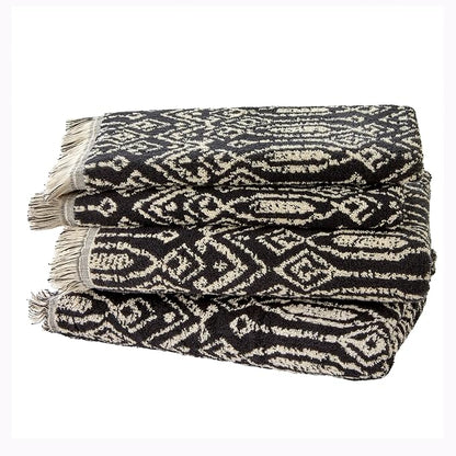 SKL Home Nador Bath Towel Set-4pc, Premium 100% Cotton, Black | 2 Bath towels, 2 hand towels. 600 GSM. Spa-level quality. Soft & absorbent. Reversible jacquard pattern with fringed hem.