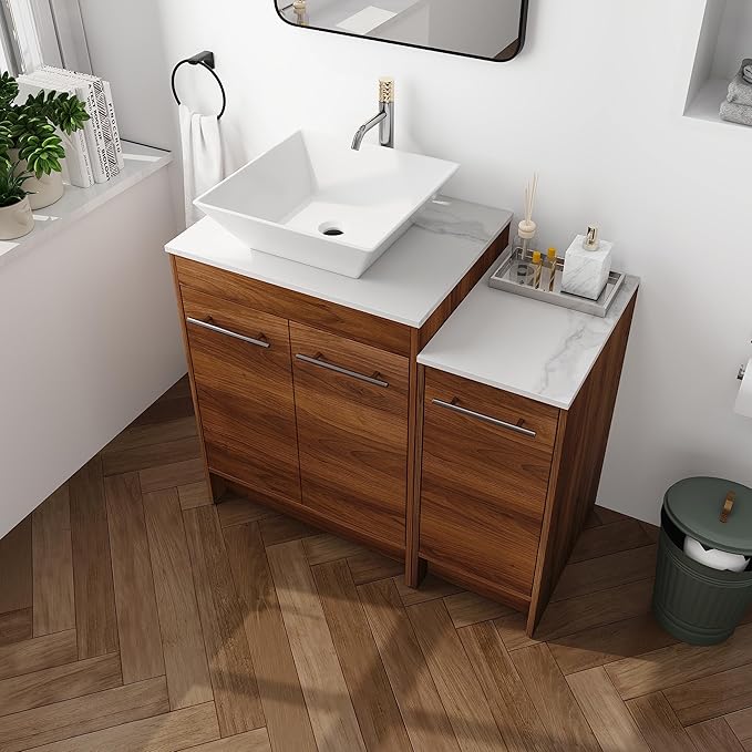 36" Bathroom Vanity with Sink, 36 Inch Freestanding Bathroom Vanity, Single Sink Bathroom Vanity Combo, Modern Bathroom Vanity, Brown Floor Standing Cabinet Set(BRE101, 36 * 18)