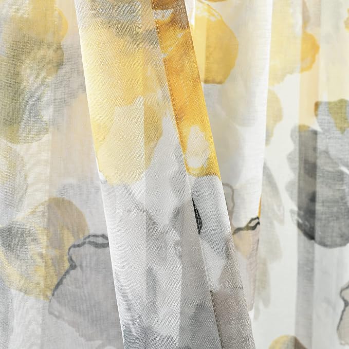 Lush Decor Leah Floral Sheer Window Curtain Panels Pair 52"W x 84"L Yellow & Gray - Floral Curtains for Bedroom - Sheer Curtains for Living Room