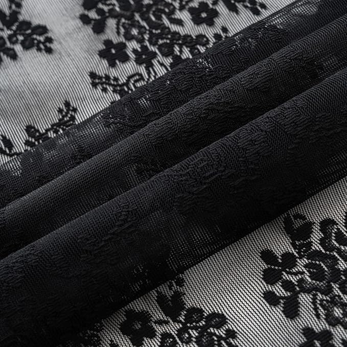 TUDECO Black Boho Lace Shower Curtain with Attached Valance, 72''W x 84''L | Whimsigoth, Extra Long, Dark Bathroom Curtain, Cool Victorian, Halloween Decor, Scalloped Edges, Reinforced Holes